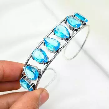 Браслет-манжета с голубым топазом, настоящие драгоценные камни, браслет из стерлингового серебра 925 пробы, ювелирные изделия ручной работы, регулируемый браслет, подарок для мамы Adjustable синий