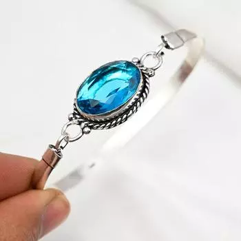 Браслет-манжета с голубым топазом, регулируемый браслет с драгоценными камнями, браслет из чистого серебра 925 пробы, уникальный браслет-манжета ручной работы, подарок для него Adjustable синий