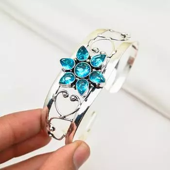 Браслет-манжета с голубым топазом, регулируемый браслет из стерлингового серебра 925 пробы, браслет-манжета ручной работы с драгоценными камнями, подарки для жены Adjustable синий