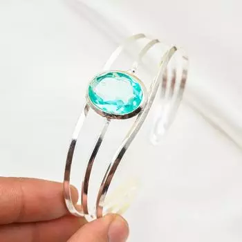 Браслет-манжета с голубым топазом, серебряный браслет 925 пробы, ручная работа, приличный регулируемый браслет, браслет-манжета с драгоценными камнями, подарки на помолвку Adjustable синий