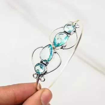 Браслет-манжета с голубым топазом, ювелирные изделия из драгоценных камней, регулируемый браслет, браслет-манжета из стерлингового серебра 925 пробы, браслет ручной работы, ювелирные подарки для него Adjustable синий