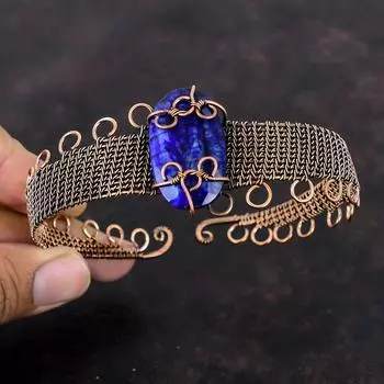 Браслет-манжета с граненым синим сапфиром, браслет из медной проволоки, регулируемый браслет, браслет-манжета ручной работы, драгоценный камень, медные украшения, подарок для него