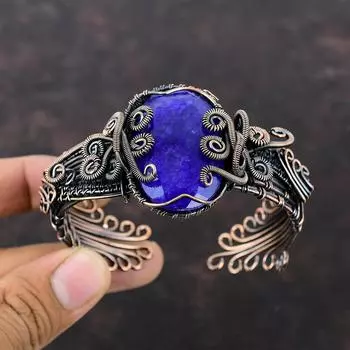 Браслет-манжета с граненым синим сапфиром, регулируемый браслет с медной проволокой, ювелирные изделия ручной работы, браслет с драгоценными камнями, ювелирные изделия из медной проволоки, подарок для нее