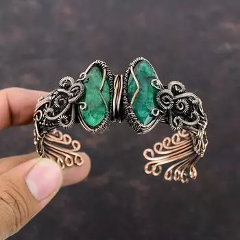 Браслет-манжета с граненым замбийским изумрудом, браслет с драгоценными камнями, медная проволока, регулируемый браслет, медные ювелирные изделия, браслет для подарка, ювелирные изделия ручной работы