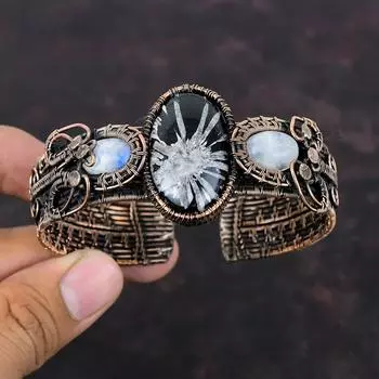 Браслет-манжета с хризантемой, медная проволока, регулируемый браслет, браслет ручной работы с драгоценными камнями, ювелирные изделия с хризантемой, браслет из радужного лунного камня