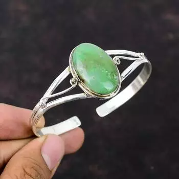 Браслет-манжета с хризопразом, браслет из стерлингового серебра 925 пробы, регулируемый браслет-манжета, оригинальный браслет из драгоценных камней, подарок для него, антикварные ювелирные изделия ручной работы