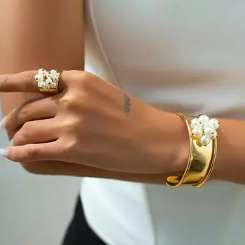 Браслет-манжета с искусственным жемчугом и цветком, золотисто-серебряный, металлический, широкий, винтажный, панк, простые браслеты для женщин, необычные аксессуары, подарок на вечеринку