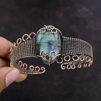 Браслет-манжета с лабрадоритом Браслет с лабрадоритом, медная проволока, ювелирные изделия, регулируемый браслет ручной работы, браслет с драгоценным камнем, подарок для него