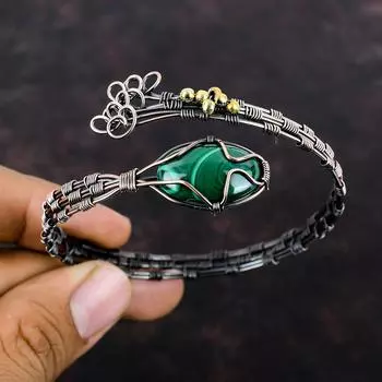 Браслет-манжета с малахитом, медная проволока, регулируемый браслет, браслет-манжета ручной работы, браслет из натурального драгоценного камня, медные украшения, подарок для мамы