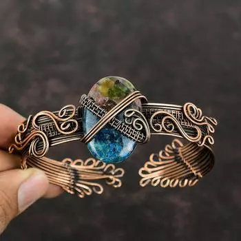 Браслет-манжета с медным арбузом и турмалином, браслет-манжета с драгоценными камнями, браслет с проволочной обмоткой, регулируемый браслет, браслет-манжета с оберткой, браслет ручной работы для подарков