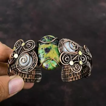 Браслет-манжета с медным рубином и цоизитом, браслет с радужным лунным камнем, манжета с медной проволокой, регулируемый браслет, браслет ручной работы с драгоценным камнем, подарок для мамы