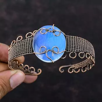 Браслет-манжета с молочным опалом, браслет из медной проволоки, ювелирные изделия из драгоценных камней с молочным опалом, регулируемый браслет-манжета, ювелирные изделия из медной проволоки, браслет ручной работы