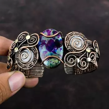 Браслет-манжета с несколькими огненными лабрадоритами, медная проволока, браслет-манжета с драгоценными камнями, браслет-манжета с радужным лунным камнем, регулируемый браслет ручной работы