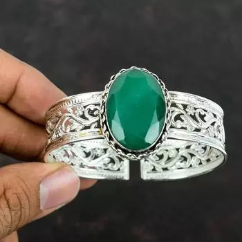 Браслет-манжета с ограненным замбийским изумрудом, браслет из настоящего драгоценного камня, браслет из стерлингового серебра 925 пробы, регулируемый браслет, ювелирные изделия ручной работы, подарки на помолвку