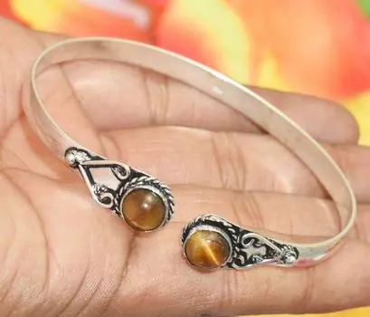 Браслет-манжета с покрытием из стерлингового серебра 925 пробы и драгоценным камнем «Тигровый глаз» 7-9 жёлтый