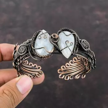 Браслет-манжета с радужным лунным камнем, медная проволока, регулируемый браслет, драгоценный камень, ювелирные изделия из медной проволоки, браслет-манжета ручной работы, ювелирные изделия из лунного камня