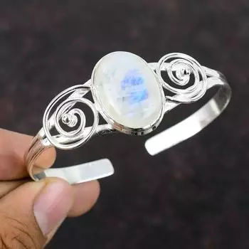 Браслет-манжета с радужным лунным камнем, ювелирные изделия ручной работы, браслет из стерлингового серебра 925 пробы, драгоценный камень, новый браслет, регулируемая манжета, подарок на день матери Adjustable
