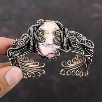 Браслет-манжета с родохрозитом, браслет из медной проволоки, регулируемый браслет-манжета, браслет из драгоценных камней, медная проволока ручной работы, ювелирное изделие, подарок для мамы