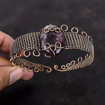 Браслет-манжета с розовым турмалином, медная проволока, регулируемый браслет, оригинальный браслет с драгоценными камнями, медные украшения для подарка, браслет-манжета ручной работы