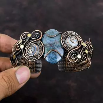 Браслет-манжета с рубиновым синим кианитом, медная проволока, браслет с лунным камнем, регулируемый браслет-манжета, подарок на годовщину, ювелирные изделия ручной работы с драгоценными камнями