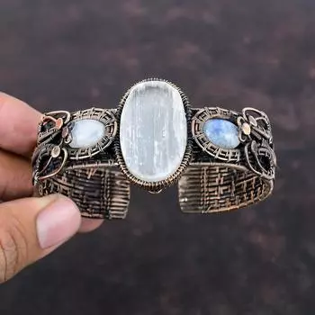 Браслет-манжета с селенитом Друзы Радужный браслет из лунного камня Медная проволока Браслет-манжета Регулируемый браслет ручной работы Ювелирные изделия из драгоценных камней для подарка