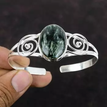 Браслет-манжета с серафинитом, регулируемый браслет, браслет из стерлингового серебра 925 пробы, браслет с драгоценными камнями, ювелирные изделия ручной работы, серебряный браслет-манжета, подарок для мамы Adjustable