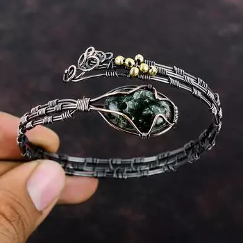 Браслет-манжета с серафинитом, ювелирные изделия из медной проволоки, регулируемый браслет, драгоценный камень, браслет-манжета ручной работы, медный браслет, браслет из проволочной обмотки, подарок для мамы