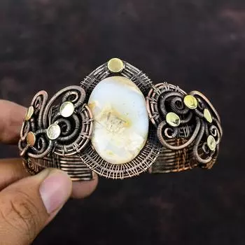 Браслет-манжета с шлейфом из агата, браслет-манжета с драгоценным камнем, браслет с медной проволокой, регулируемый браслет-манжета, уникальный браслет ручной работы, медные украшения для подарка