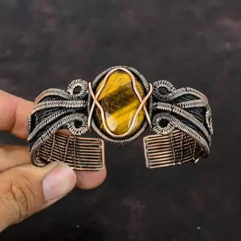 Браслет-манжета с тигровым глазом, браслет-манжета с драгоценным камнем, браслет из медной проволоки, регулируемый браслет-манжета, браслет ручной работы, свадебный подарок, медные украшения