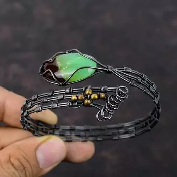 Браслет-манжета с валуном и хризопразом, браслет из медной проволоки, регулируемый браслет-манжета ручной работы, браслет с драгоценными камнями, медные украшения, подарок для него