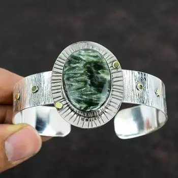 Браслет-манжета серафинит с драгоценными камнями, браслет ручной работы, браслет из стерлингового серебра 925 пробы, регулируемый браслет-манжета, элегантные ювелирные изделия, подарки для мамы