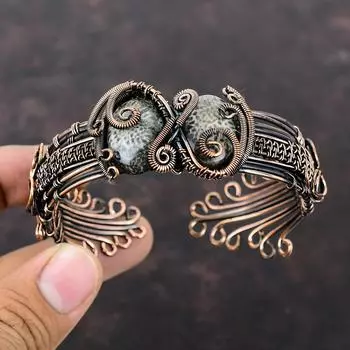 Браслет-манжета со скатом и кораллом, браслет из медной проволоки, ювелирные изделия ручной работы, регулируемый браслет, подарок для друга, браслет с драгоценными камнями, медные украшения