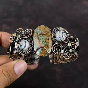 Браслет-манжета со спессартиновым гранатом в известняке, медная проволока, браслет-манжета с драгоценным камнем, браслет-манжета с радужным лунным камнем для подарка, регулируемая манжета ручной работы