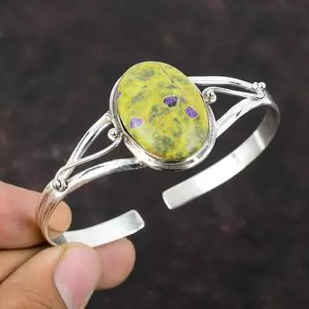 Браслет-манжета со стихтитом и драгоценным камнем, браслет из стерлингового серебра 925 пробы, регулируемый браслет-манжета, дизайнерский браслет, ювелирные изделия ручной работы из стихтита, подарок для нее