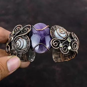 Браслет-манжета со звездным аметистом, браслет с драгоценными камнями, браслет-манжета с медной проволокой, браслет-манжета с радужным лунным камнем, регулируемый браслет, новые ювелирные изделия ручной работы