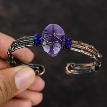 Браслет-манжета со звездой аметистом, лазурит, бусины, браслет, ювелирные изделия из медной проволоки, регулируемый браслет-манжета, ювелирные изделия из драгоценных камней, браслет ручной работы