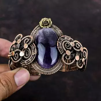 Браслет-манжета со звездой и аметистом, браслет-манжета с драгоценным камнем, браслет из медной проволоки, регулируемая манжета, медные украшения, браслет с цветком ручной работы, подарок для мамы