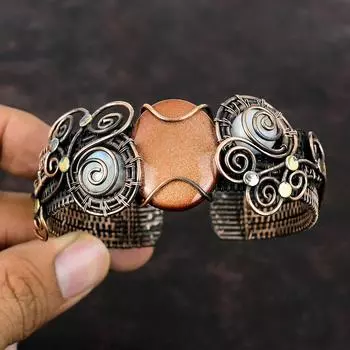 Браслет-манжета Sun Sitara, браслет-манжета с радужным лунным камнем, браслет из медной проволоки, регулируемый браслет-манжета, подарок для нее, медные украшения ручной работы