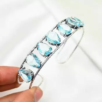 Браслет-манжета Swiss Blue Topaz, браслет из настоящего драгоценного камня, браслет-манжета из стерлингового серебра 925 пробы, ювелирные изделия ручной работы, регулируемый браслет для подарка, женские ювелирные изделия Adjustable синий