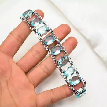 Браслет-манжета Swiss Blue Topaz, браслет из настоящего драгоценного камня, браслет-манжета из стерлингового серебра 925 пробы, ювелирные изделия ручной работы, регулируемый браслет для подарка, женские ювелирные изделия 8 inches with Adjustable синий