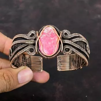 Браслет-манжета Thulite, медная проволока, браслет с драгоценными камнями, регулируемый браслет-манжета, медные украшения из тулита, элегантные манжеты ручной работы, подарок для нее