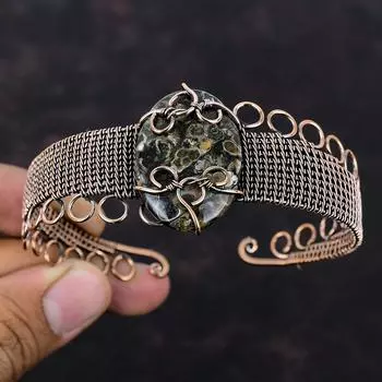 Браслет-манжета Turritella Agate, обмотанный медной проволокой, ювелирные изделия из драгоценных камней, регулируемый браслет-манжета ручной работы, обмотанный медной проволокой, подарок для мамы