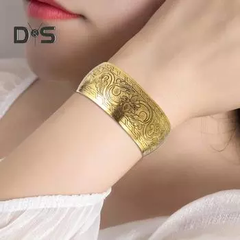 Браслет-манжета в виде слона, винтажный тибетский слон/цветок, резной открытый браслет, этнический бронзовый широкий браслет для женщин Elephant