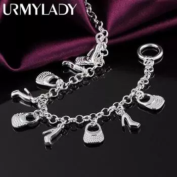 Браслет-мешок на высоких каблуках из серебра 925 пробы для женщин, модные очаровательные украшения 20cm