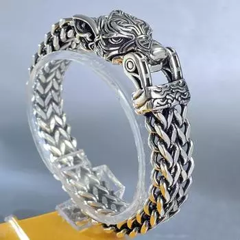 Браслет Mighty Men s Wolf Head с модной индивидуальностью, ретро и прочная двухрядная цепочка из драконьей кости, подарите своему парню 18CM серебряный