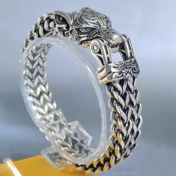 Браслет Mighty Men s Wolf Head Trendy Retro Rough Double Row Dragon Bone Chain в подарок парню 18CM