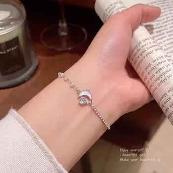 Браслет «Милый океан»: Элегантный дизайн с цирконом, жемчугом и дельфином для женщин S666 серебряный