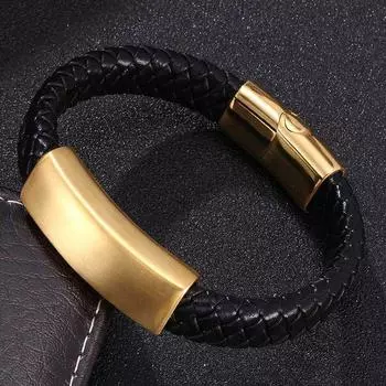 Браслет мужской плетеный кожаный браслет золотистого/серебряного цвета из нержавеющей стали с магнитными застежками браслеты мужской браслет подарки BB788 165mm золотой