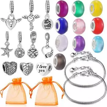 Браслет на День святого Валентина, роскошный подарок, замок с ключом, подвеска с перьями, бусины, браслеты-подвески, браслеты для женщин, ювелирные изделия для подруги 1 Sets