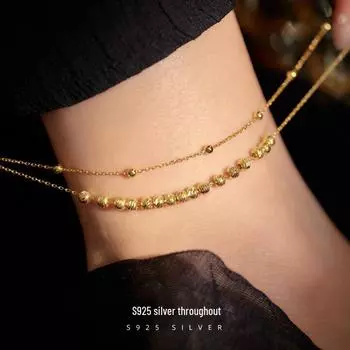 Браслет на ногу Banyan Tree S925 Silver с круглыми бусинами и двойным слоем - классический женский летний аксессуар для ног AS054, 925 Silver белый